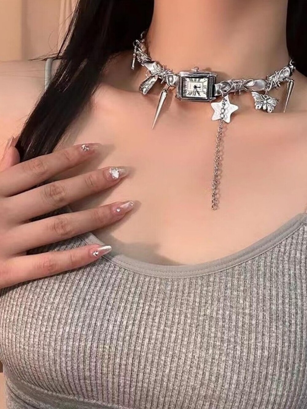 Silver Charm Spike Choker Necklace with Watch Centerpiece